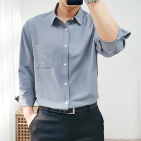 더클래식 남성용 오버핏 스판 링클프리 와이 카라 셔츠 남방, 차콜
