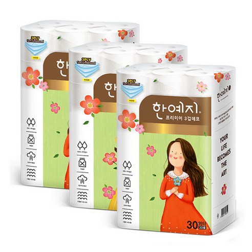 한예지 3겹 천연펄프 프리미어 화장지 30m 랜덤발송, 30롤, 3팩