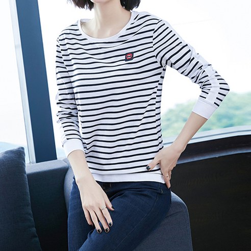 유니제이 여성용 세리 라운드 스트라이프 티셔츠