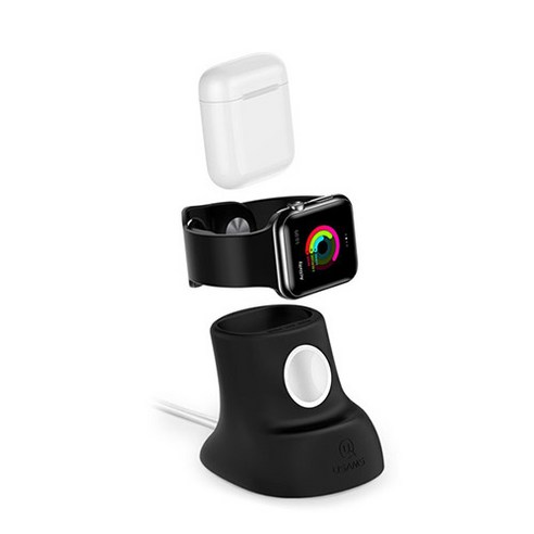 유삼스 애플워치 에어팟 2 in 1 듀얼 실리콘 충전 도크 거치대 US-ZJ051, 블랙, 1개