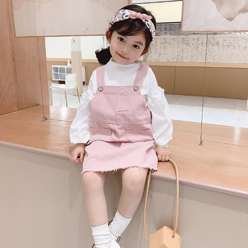 엔젤아이 여아용 봉긋 소매 데님 포켓 멜빵 원피스세트