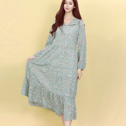 페이퍼먼츠 레이스 프릴 넥 박시 플라워 긴팔 롱 원피스 10256