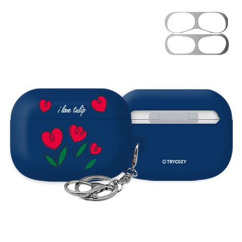 트라이코지 디자인 컬러팝 튤립 에어팟 프로 하드 케이스 + 철가루 방지 스티커, 네이비