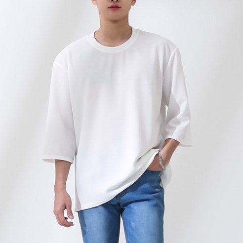 단군 남성용 리버플 링클프리 오버핏 7부반팔티, 화이트