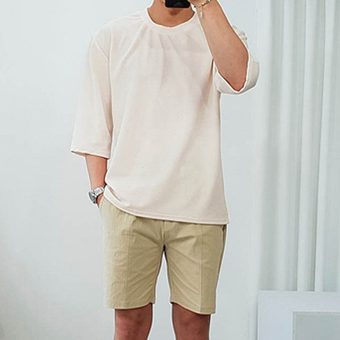 더클래식 남자 오버핏 엠보 빅사이즈 무지 7부 여름 반팔 티셔츠