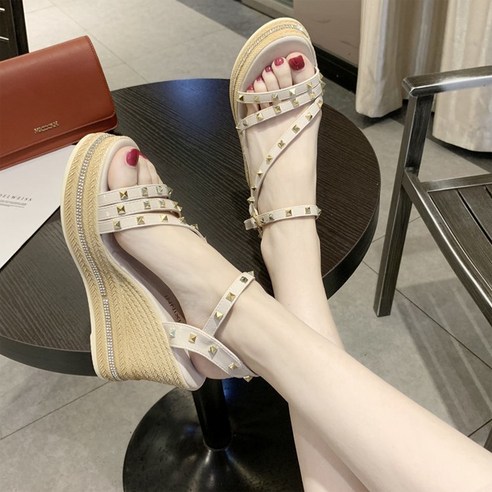 올나인 여성용 스터드 패션스트랩 통굽웨지힐