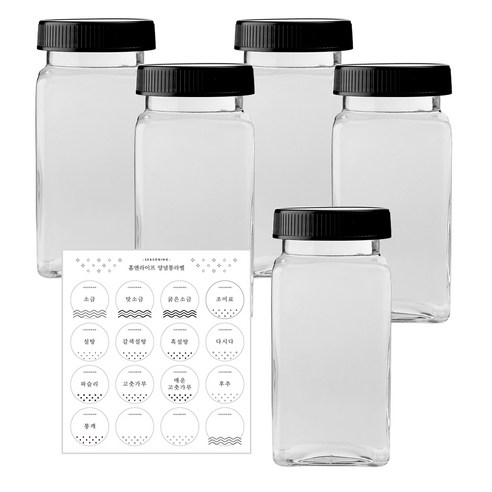 홈앤라이프 사각 허브 러그 양념통 세트 300ml 5p + 도트 스티커