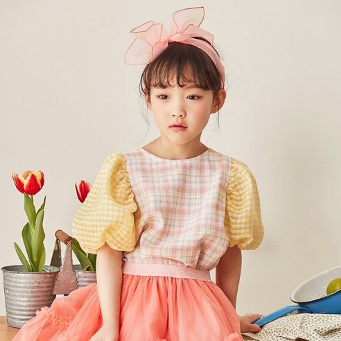 마이리틀스타 여아용 체크 퍼프 블라우스