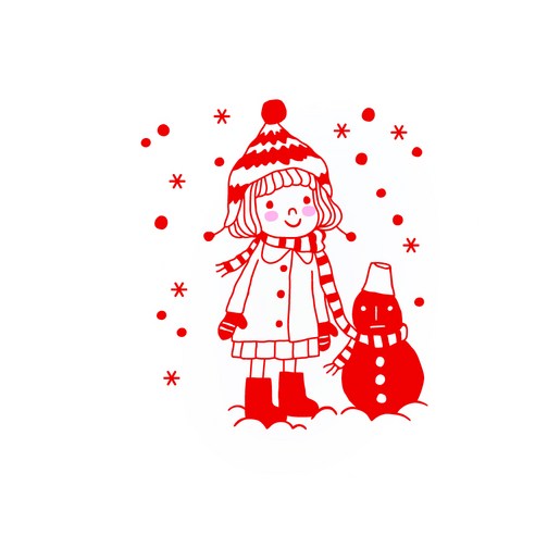 투페이지 크리스마스 데코 스티커 X043소녀와눈사람, 빨강색