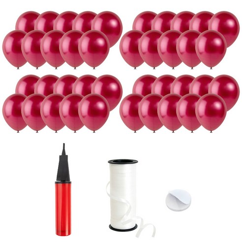 로켓풍선 30cm 200p + 손펌프 + 양면테이프 200p + 컬링리본 5mm x 90m, 펄 버건디, 1세트