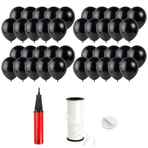 로켓풍선 30cm 200p + 손펌프 + 양면테이프 200p + 컬링리본 5mm x 90m, 펄 블랙, 1세트