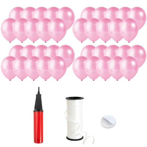 로켓풍선 30cm 200p + 손펌프 + 양면테이프 200p + 컬링리본 5mm x 90m, 펄 핑크, 1세트