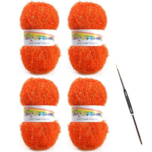 레인보우 펄 수세미실 80g x 4p + 코바늘 세트, 1세트, 19다크오렌지