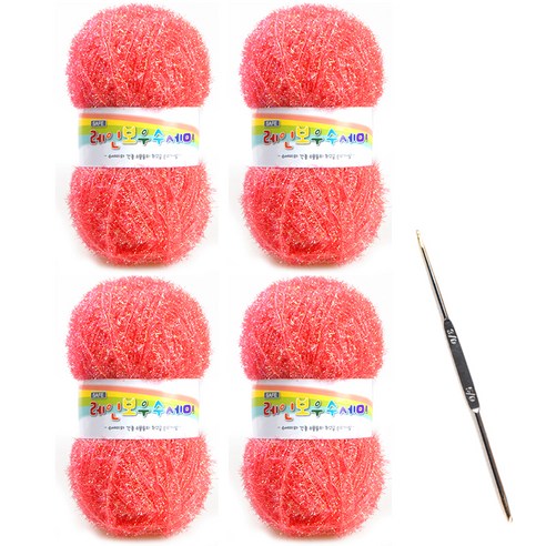 레인보우 펄 수세미실 80g x 4p + 코바늘 세트, 1세트, 21핫핑크