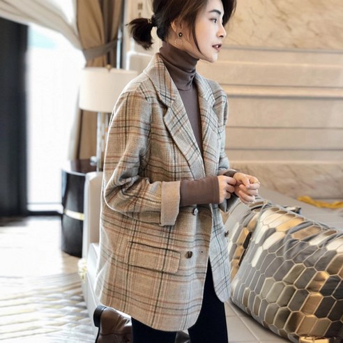 포플러앤씨 여성용 크리스 모직 체크 자켓