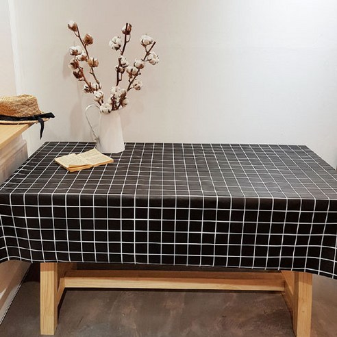 블랙체크 방수 테이블보, 혼합색상, 137 x 137 cm