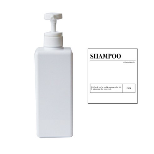 뉴앤룩 사각 디스펜서 샴푸 소분 용기 일반형 650ml + 샴푸 스티커 세트, 1세트, 화이트