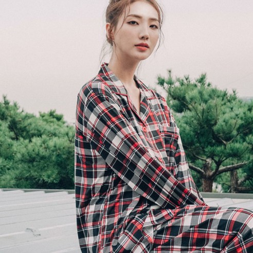 파란 여성용 클래식 체크 피치기모 잠옷 상하의 세트