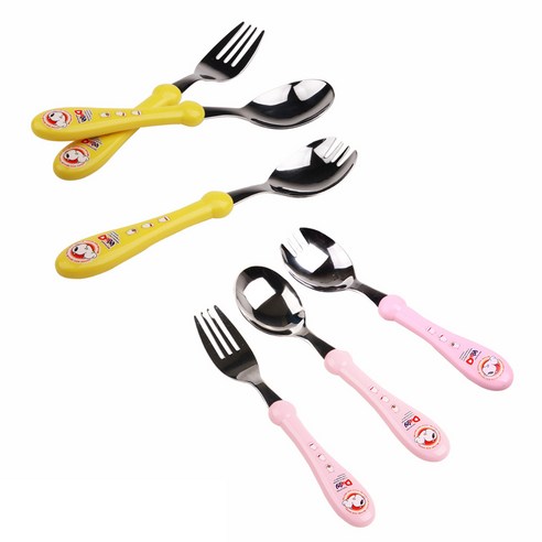 블룸엣홈 두기 아동용 스푼 2p + 포크 2p + 포크숟가락 2p, 노랑, 핑크, 1세트