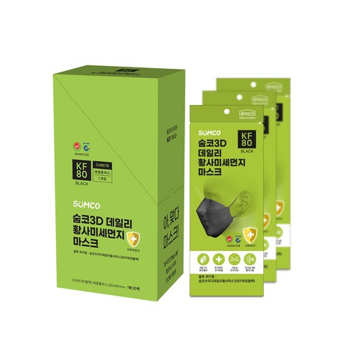 숨코 3D 데일리 황사방역용 마스크 대형플러스 KF80 블랙, 1매입, 30개