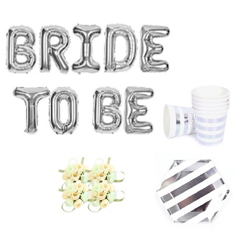 브라이덜샤워 소품 패키지 BRIDE TO BE 풍선 실버 + 꽃팔찌 미니로즈 피치 4p + 테이블웨어 투명, 혼합색상, 1세트