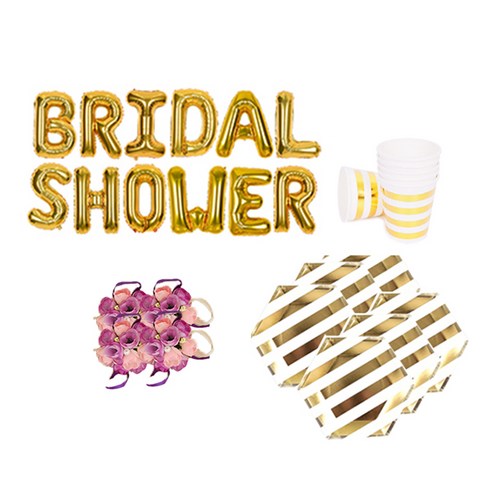 브라이덜샤워 소품 패키지 BRIDAL SHOWER 풍선 골드 + 꽃팔찌 미니로즈 퍼플 4p + 테이블웨어 마블, 혼합색상, 1세트