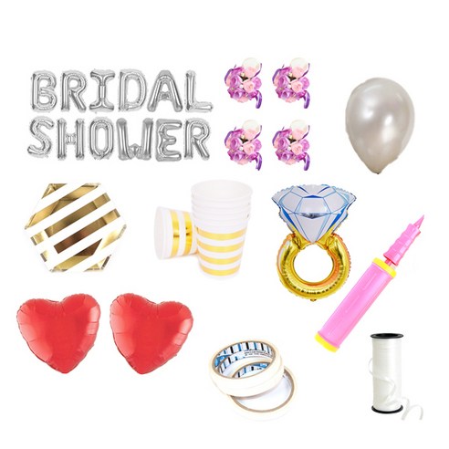 브라이덜샤워 레터링 풍선 BRIDAL SHOWER 35cm 소품 + 테이블웨어 패키지, 실버(레터링 풍선, 펄 풍선 세트), 퍼플(꽃팔찌), 마블(테이블웨어), 1세트