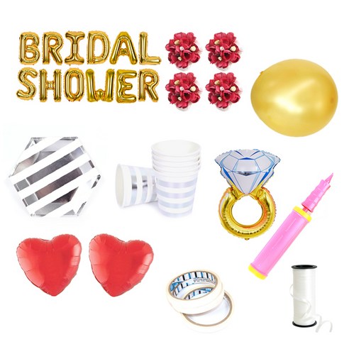브라이덜샤워 레터링 풍선 BRIDAL SHOWER 35cm 소품 + 테이블웨어 패키지, 골드(레터링 풍선, 펄 풍선 세트), 진핑크(꽃팔찌), 투명(테이블웨어), 1세트