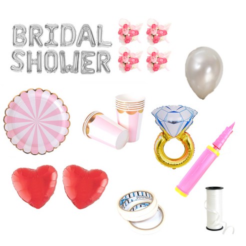 브라이덜샤워 레터링 풍선 BRIDAL SHOWER 35cm 소품 + 테이블웨어 패키지, 실버(레터링 풍선, 펄 풍선 세트), 핑크(꽃팔찌), 핑크(테이블웨어), 1세트