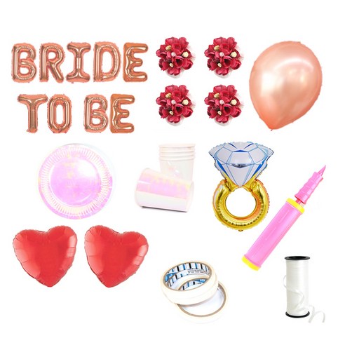 브라이덜샤워 레터링 풍선 BRIDE TO BE 35cm 소품 + 테이블웨어 패키지, 로즈(레터링 풍선, 펄 풍선 세트), 진핑크(꽃팔찌), 홀로그램(테이블웨어), 1세트