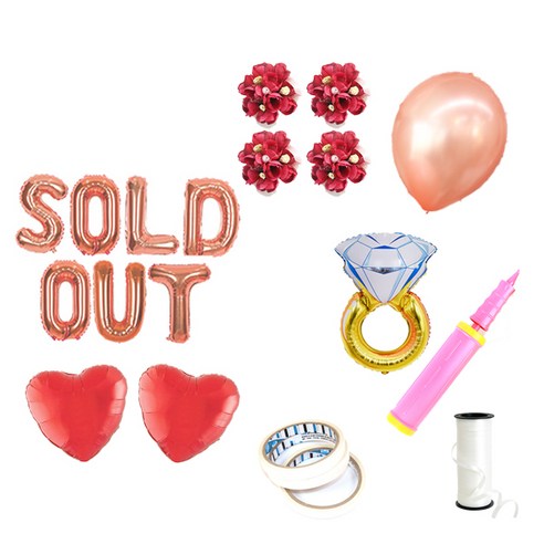 브라이덜샤워 레터링 풍선 SOLD OUT 35cm 소품 패키지, 로즈(레터링 풍선, 펄 풍선 세트), 진핑크(꽃팔찌), 1세트