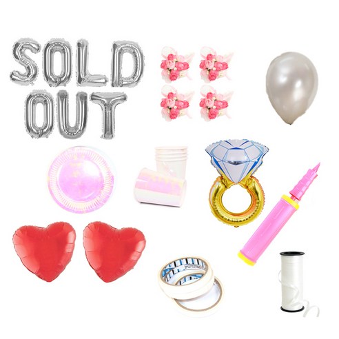 브라이덜샤워 레터링 풍선 SOLD OUT 55cm 소품 + 테이블웨어 패키지, 실버(레터링 풍선, 펄 풍선 세트), 핑크(꽃팔찌), 홀로그램(테이블웨어), 1세트