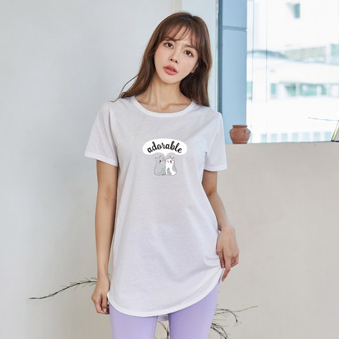 진마니아 여성용 고양이 커플 하프 라운드 반팔 티셔츠 CB0T84