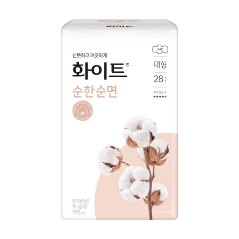 화이트 순한순면 대형 생리대 슬림날개형, 28개입, 1팩