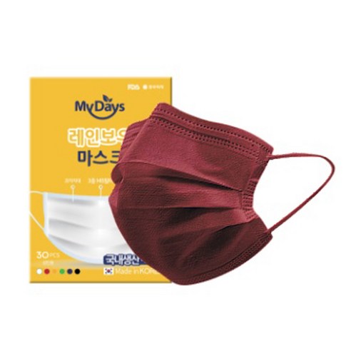 마이데이즈 MB필터 레인보우 일회용 컬러 덴탈 마스크 중형 M, 30개입, 1개, 버건디 와인