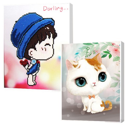 보석십자수 어린이 DIY 캔버스형 비즈공예 2종 세트 25 x 30 cm, 러브소년, 고양이2, 1세트