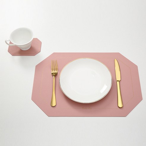 더블제이유 팔각모양 식탁매트 + 컵받침 2p 세트, 핑크, 식탁매트(43 x 30 cm), 컵받침(14.5 x 10.3 cm)