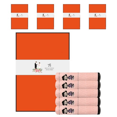 송월타월 스누피프렌즈세면타월 140g 30수 면사 + 케이스 + 결혼식 띠지 500 x 70 mm 세트, 분홍(타월), 랜덤발송(케이스), D타입(띠지), 5세트