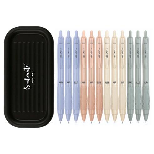 자바펜 제트라인 비즈 빈티지 볼펜 0.7mm 4종 x 3p + 소울메이트 펜트레이 세트, 블루, 올리브, 피치, 옐로우(볼펜), 블랙(펜트레이), 1세트