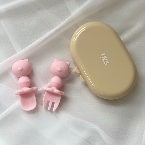 티지엠 실리콘 자기주도 스푼 + 포크 + 케이스 세트, 곰돌이 피치코랄(스푼, 포크), 1세트