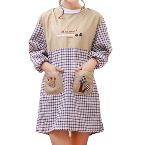 블루선 긴팔 체크 앞치마, 자주, 1개