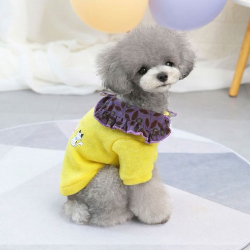 강아지 힙한 냥냥이 그려진 따뜻한 프릴 스웨터, 옐로우, 1개