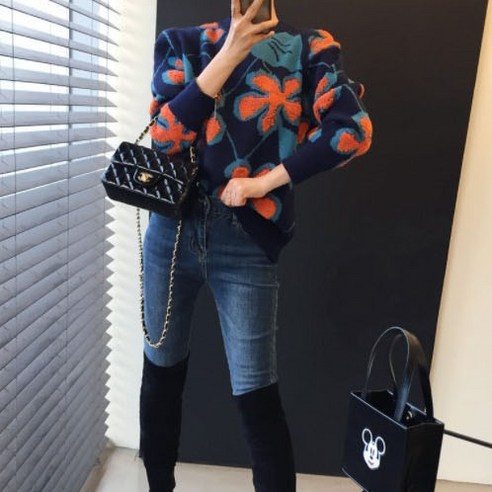 oversize overfit 女性 時尚 服裝 頂部 圓領 針織 毛衣 成年女性