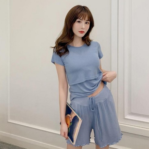 뿌뜨리아 임산부 플러스 사이즈 모달 반팔 반바지 수유 홈웨어 세트