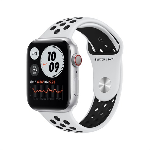 Apple 워치 6 Nike, 실버 알루미늄 케이스, 퓨어플래티넘 + 블랙 스포츠밴드, 44mm, GPS+Cellular