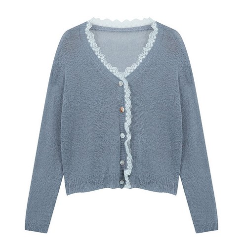 비엔엑스 여성용 라인 레이스 배색 베이직 가디건