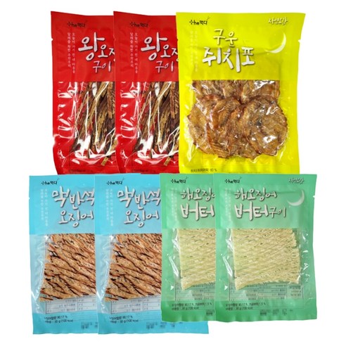 더먹다 자연오감 해오징어 버터구이 2p + 맥반석 오징어 2p + 왕오징어 구이 2p + 구운 취치포 1p 세트
