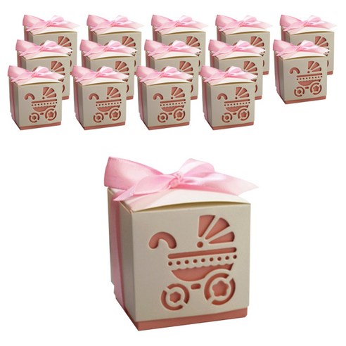 글로리빙 답례품 생일선물 포장 상자 유모차 + 리본 세트, 핑크, 15세트