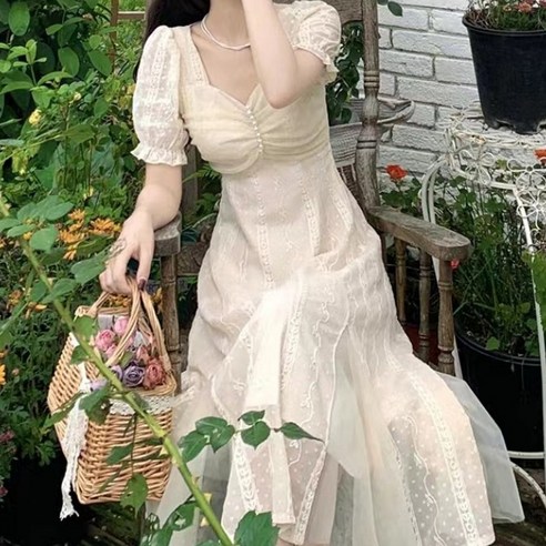 비비에모 스퀘어넥 셔링 반팔 플레어 원피스 01275