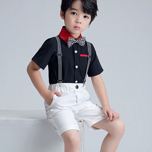 여성용 오렌지 멜빵 타이 정장 반바지 4종 세트 유아넥타이